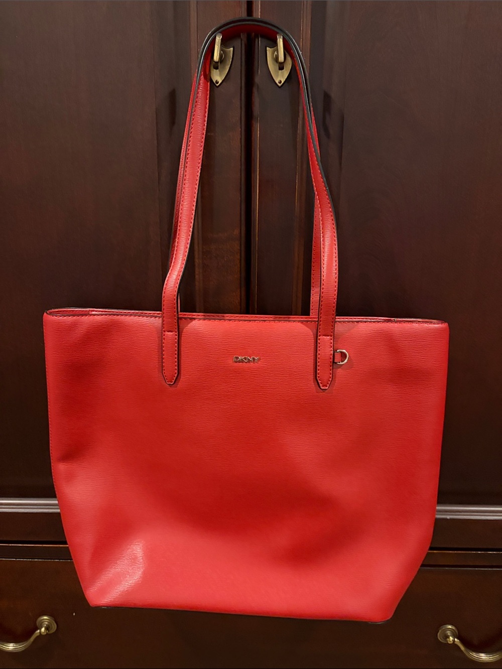 DKNY Red Leather Shopper Tote with Dust Cover